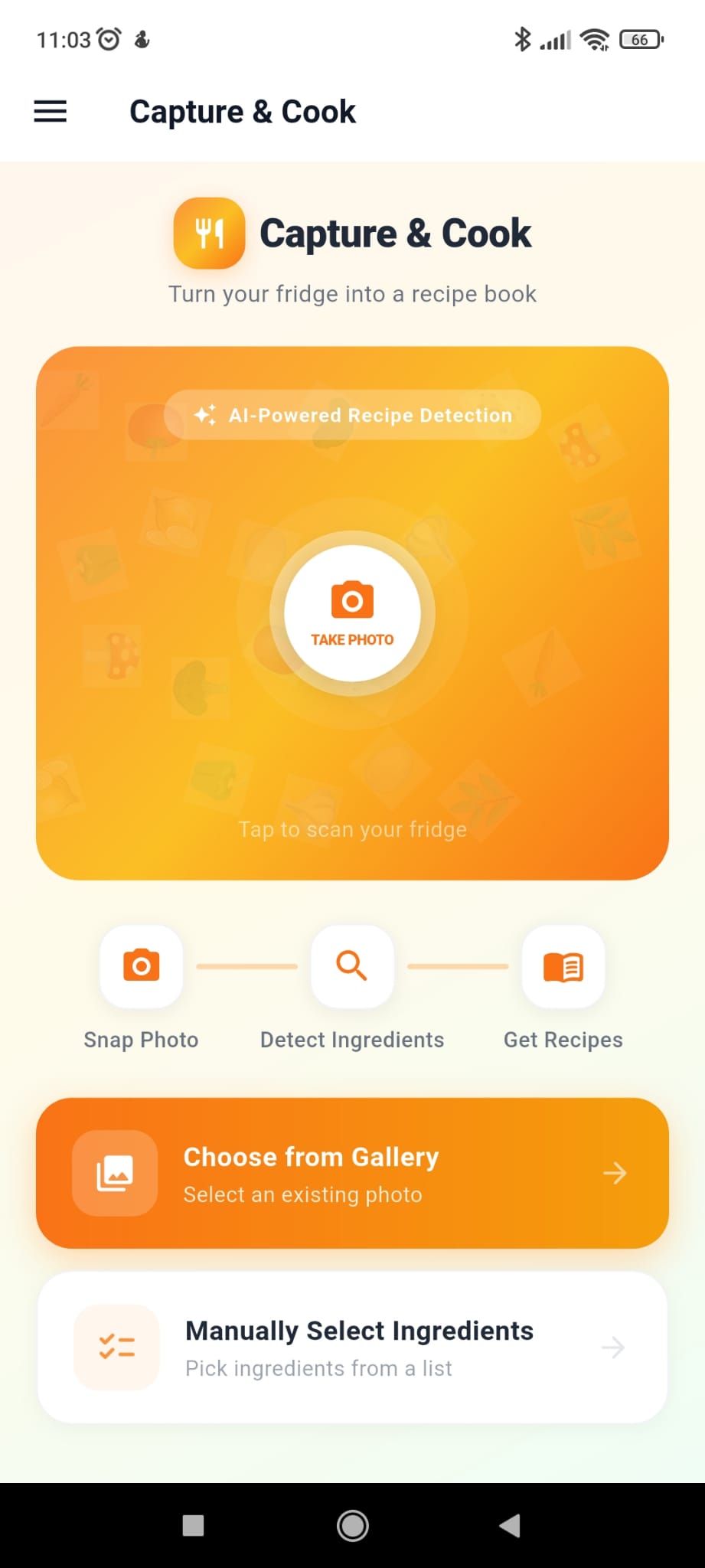 Capture and Cook app in use: a user photographs fridge contents and the app lists detected ingredients and matching recipes.
