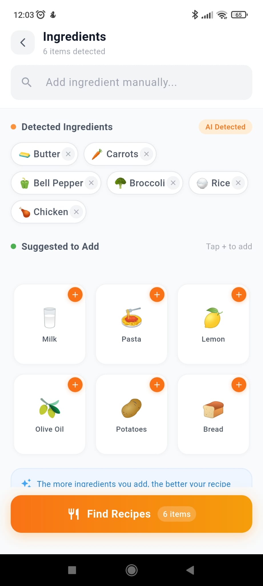 Detected ingredients list screen