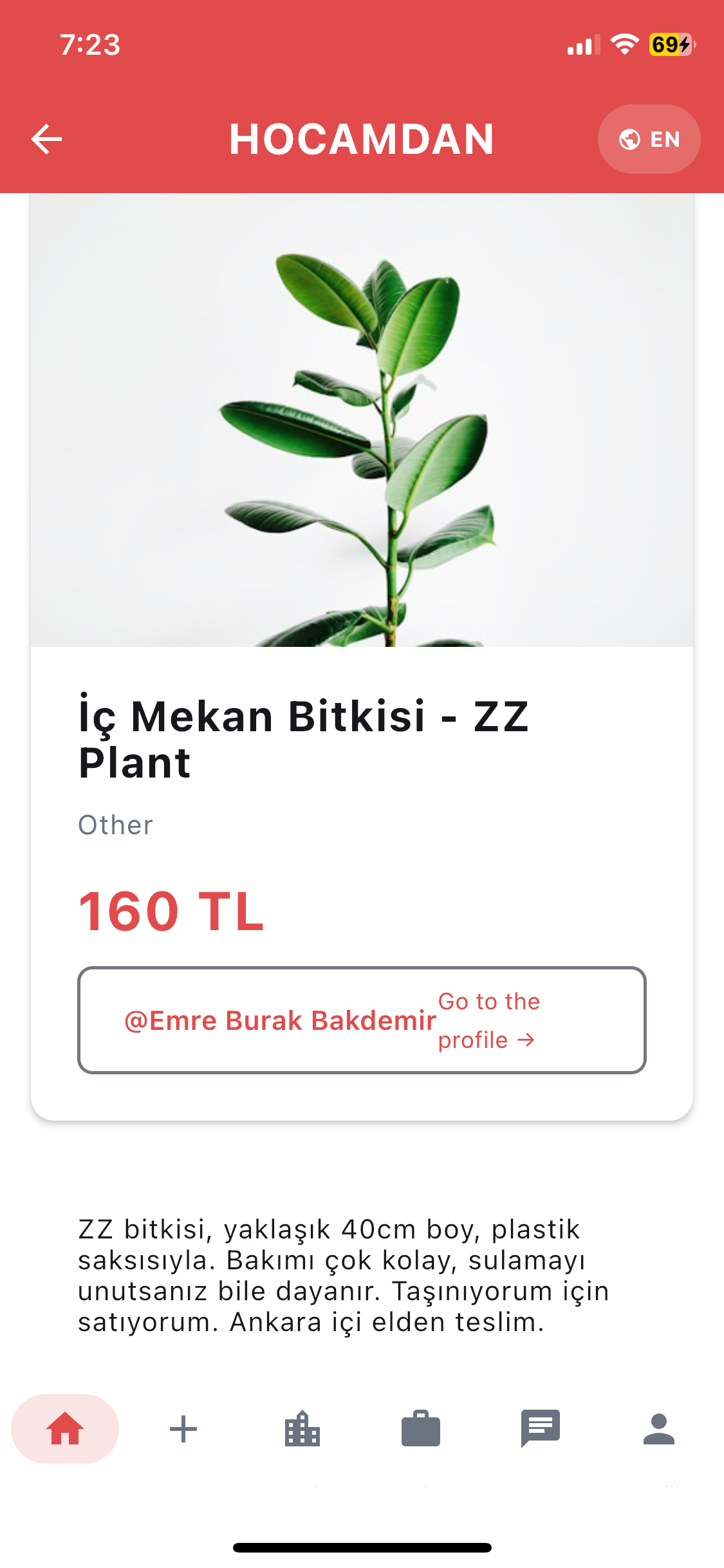 Item detail screen with photos, price, and seller card