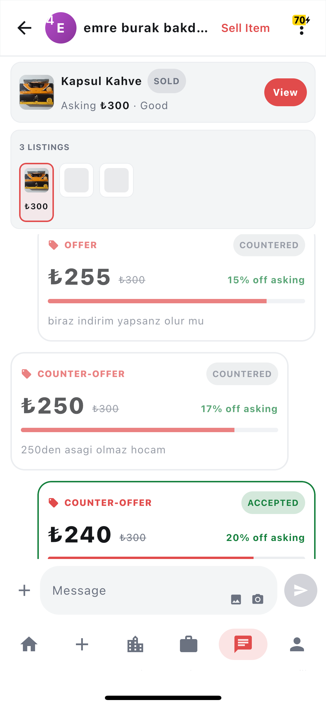 Offer history view with price sparkline