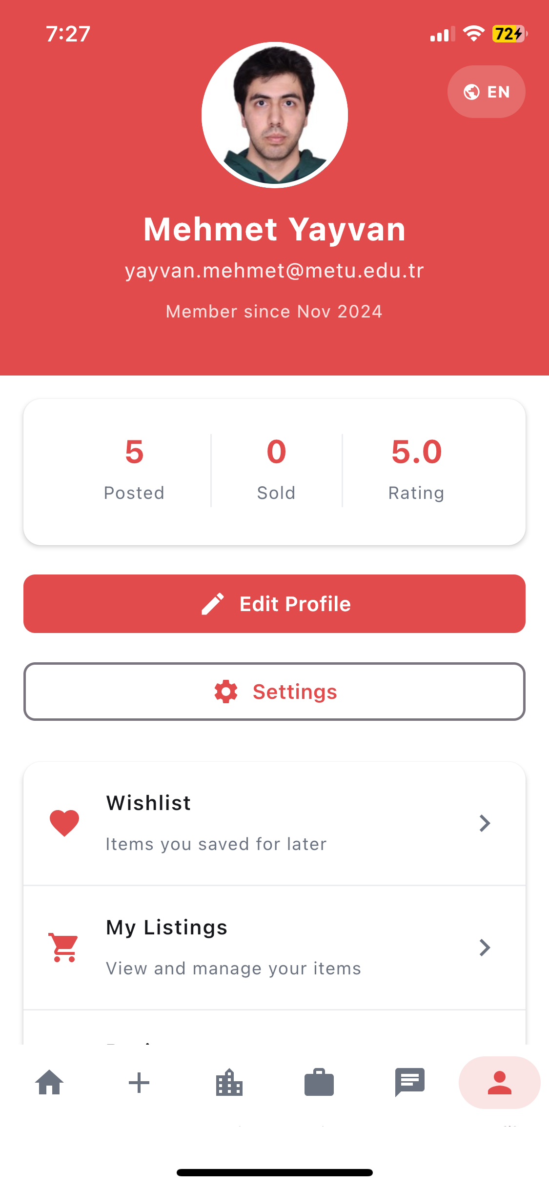 User profile with ratings and active listings