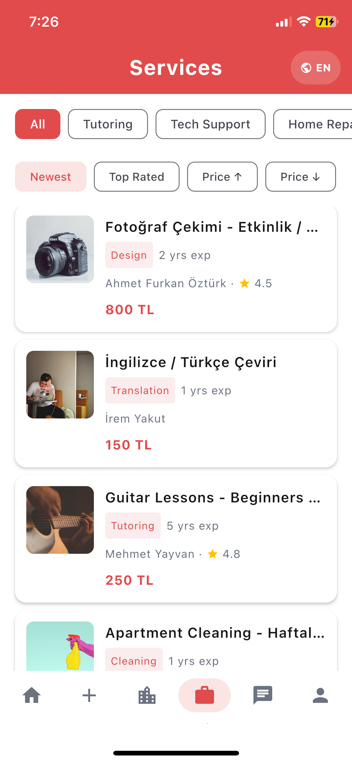 Services category with tutor listings