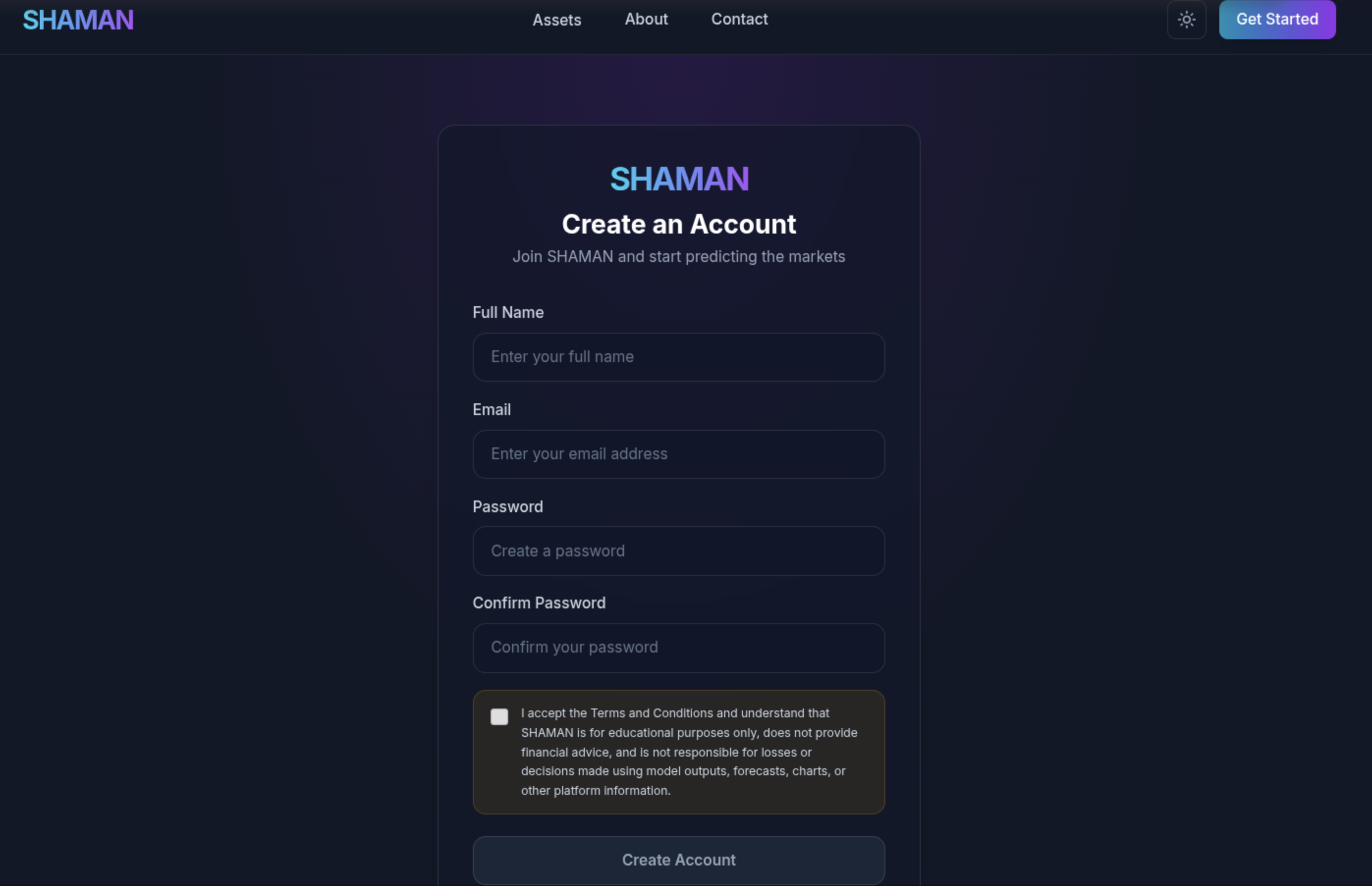 SHAMAN easy account creation screen