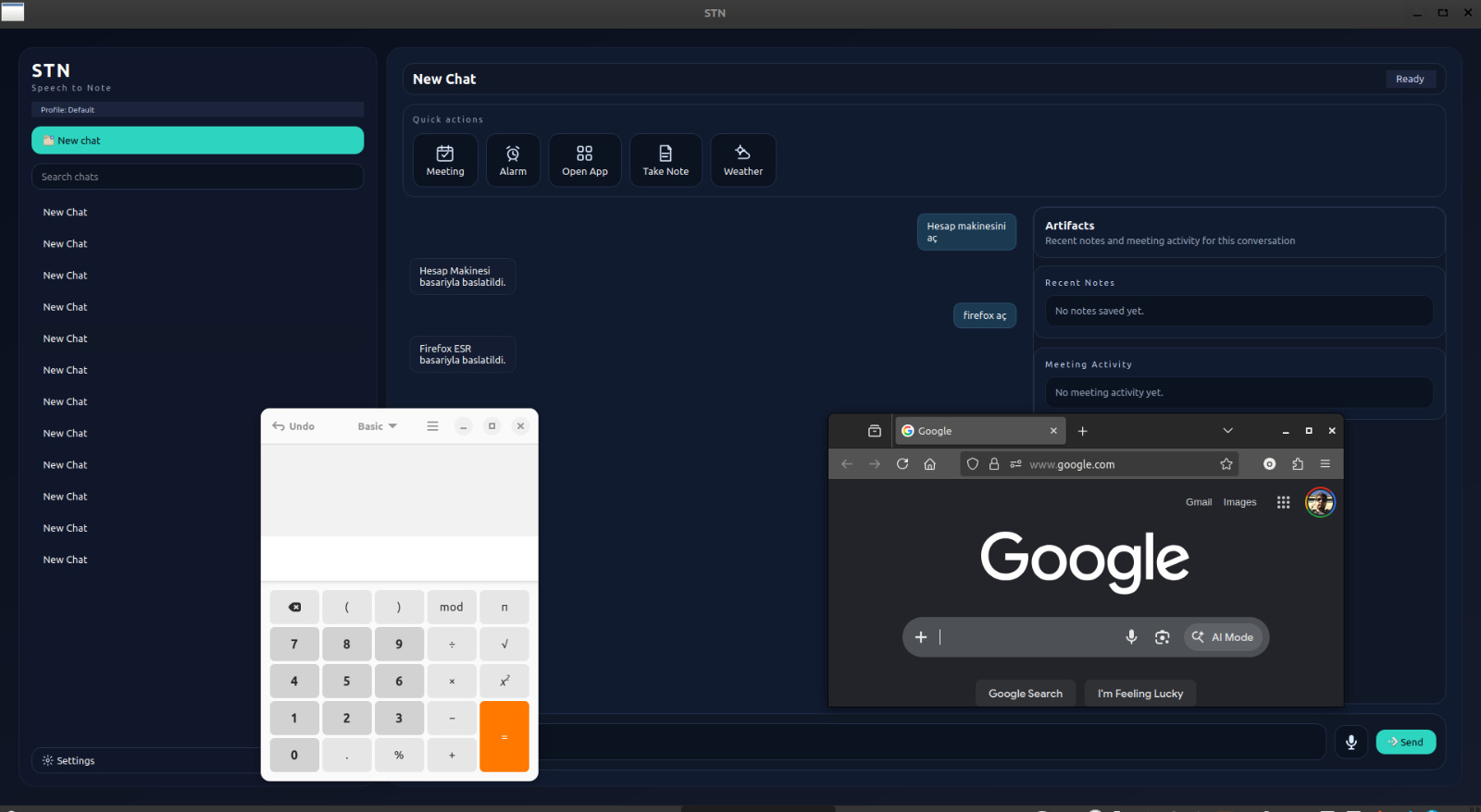 STN application launch screenshot with Calculator and Firefox